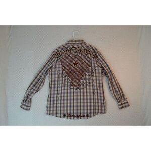 Manchester Men's Large Brown Plaid Embroidered Pearl Snap Western Shirt